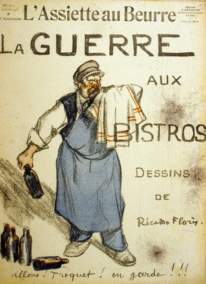 Frontpage of French satirical paper "L'Assiette au Beurre" January 14, 1911 : the war against the bistros, drawing by Ricardo Flores