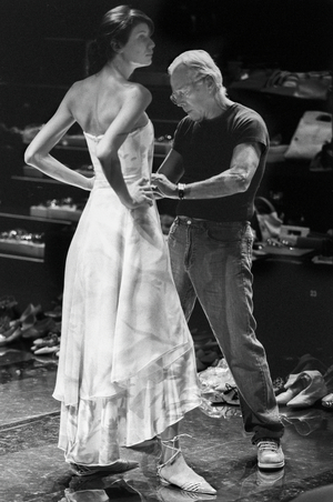 Designer Giorgio Armani at his headquarters in Milan prepares his collection for September shows., 17/07/2001 (b/w photo)