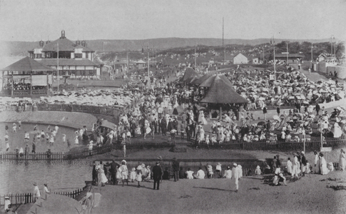 Durban, Crowd of Visitors Listening to Band on the Ocean Beach (b/w photo)