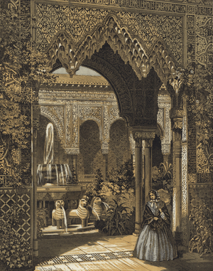 Entrance to the Court of Lions, the Alhambra Court, Crystal Palace, Sydenham, London (coloured engraving)