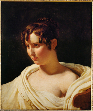 Jeune femme en buste, avec echarpe blanche …