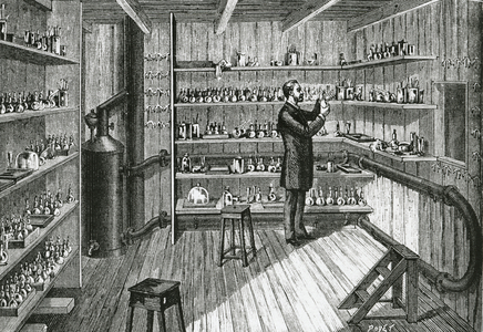 Doctor holding medicine. 19th century (engraving)