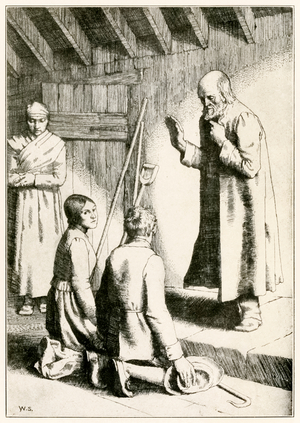 Marriage of Mercy and Matthew' from 'The Pilgrim's Progress From This World, To That Which Is To Come' by John Bunyan (1628-1688) illustration by William Strang (1859-1921) Mercy makes and mends things for the poor.