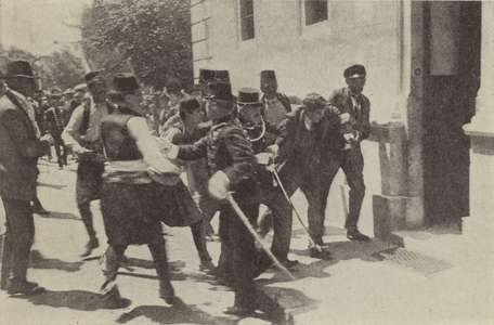 The arrest of Gavrilo Princip after he assassinated Archduke Franz Ferdinand of Austria in Sarajevo, 1914 (b/w photo)