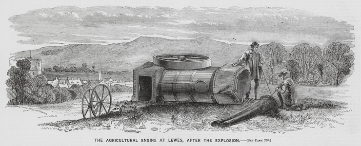 Agricultural engine destroyed by an explosion, Lewes, Sussex (engraving)