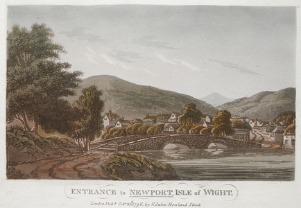 A path on the left; a body of water in the foreground; a bridge across the middle ground; hills in the distance