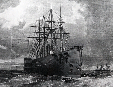 The 'Great eastern' steamship used to lift the Atlantic telegraph cable, 1866
