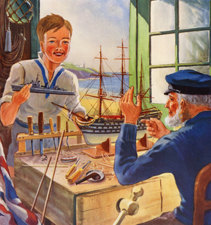 The Nelson Touch, old and young ship model makers (colour litho)