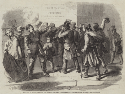 The War in Italy, reading the Emperor Napoleon's Proclamation, a Street Scene in Paris (engraving)