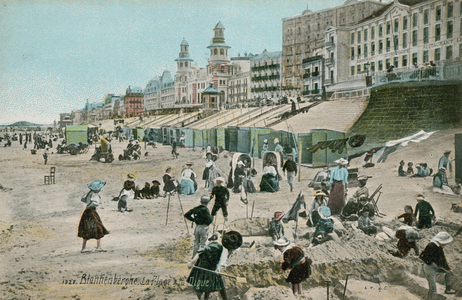 People on the beach at Blankenberge, Belgium (coloured photo)