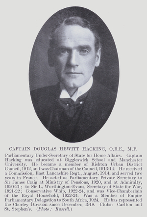 Captain Douglas Hewitt Hacking, OBE, MP (b/w photo)
