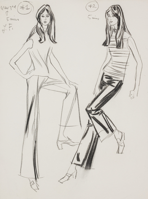 J.F. modelling slacks (crayon & charcoal on paper)