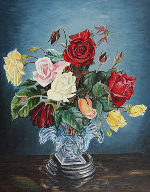 A Vase of Roses (oil on board)