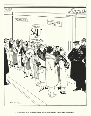 "Can you tell me if that little pink blouse with the lace collar went yesterday?" (litho)