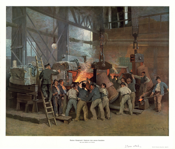 Pouring of a large casting in an iron foundry (colour litho)