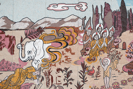 Ong Nui buddhist pagoda, Wall fresco, The life of the Buddha, Buddha’s Mother Maya dreams about the White Elephant entering her womb, Quy Nhon, Vietnam, 2019 (photo)