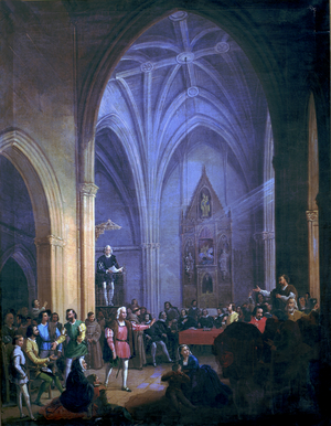 Play in the Church of Palos, the Pragmatic Catholic Kings announcing the shipment of Columbus and Pinzon (oil on canvas)