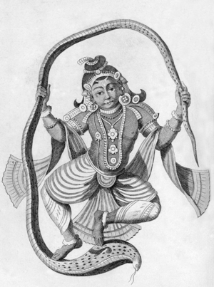 India: Krishna conquering Kalinga (Kaliya) the Serpent (Pierre Sonnerat, 1782).