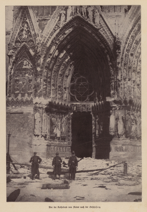 German soldiers outside Reims Cathedral after the bombardment of the city, World War I (b/w photo)