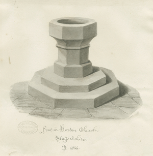 Font in Horton Church: sepia drawing, 1844 (drawing)