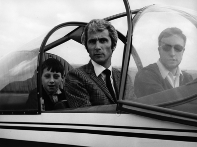 Marcel Amont Piloting his Plane on October 2, 1967 during Aerial Meeting in Saint Quentin Roupy, France (b/w photo)