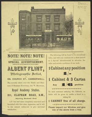 Advertisement for Albert Flint, photographic artist, 1887 (print)