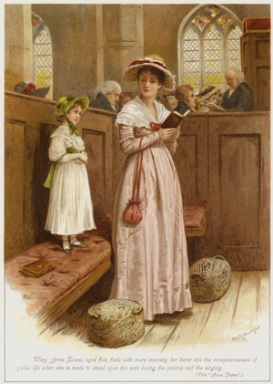 Mary Anne Evans, aged five, feels with more intensity her burst into the consciouness of public life when she is made to stand upon the seat during the psalms and the singing (colour litho)