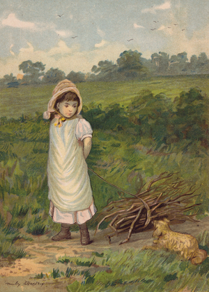 Girl collecting firewood with her pet dog (chromolitho)