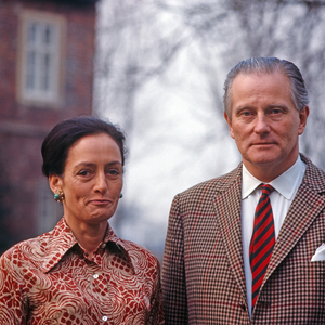 Karl Emanuel, 14th duke of Croy with his wife Gabriele Princess of Bavaria and their wild horses at Duelmen, Germany 1981