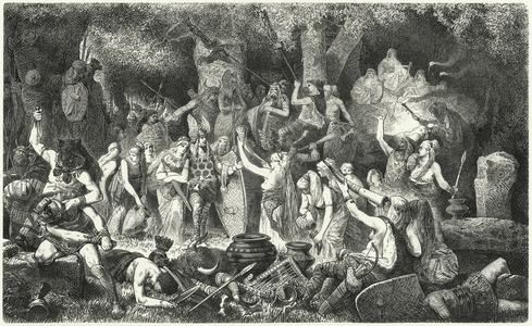 Germanic warriors celebrating a victory over the Romans (engraving)