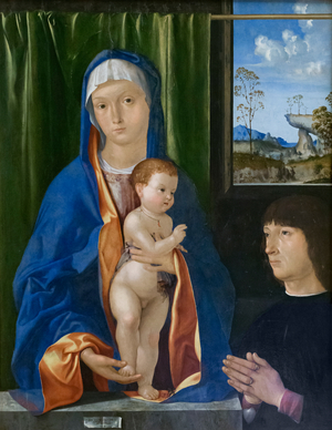 Virgin Mary with Child and donor, 1500-15 circa, Antonio Solaro, known as lo Zingaro (oil on panel)