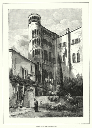 Spiral staircase of the Palazzo Contarini del Bovolo, Venice, Italy (litho)