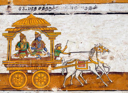 Murals- Epic Ramayana-Wall Paintings in Ramasamy Temple at Kumbakonam, Tamil Nadu, India- Bharatha and Shatrughana are travelling in a horse cart. Artist Unknown