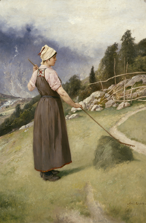 Girl raking hay (oil on canvas) 
