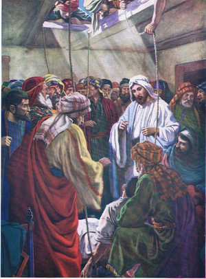 The man with the four friends, from The Bible Picture Book published by Thomas Nelson, c.1950 (litho)
