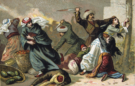 Massacre of Armenians by Ottoman Turks under Abdul Hamid, 1895-1896. Armenian inhabitants of Akhisar, having their throats cut. Religious Conflict Turkey Trade Card French Chromolithograph'