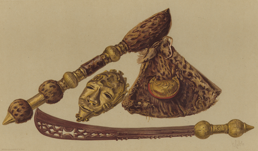 Sword, axe, and gold mask captured in the Ashantee Expedition (chromolitho)