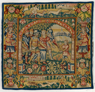 Tapestry cushion cover depicting Susannah led to Judge (one of set of six Sheldon Tapestries, comprising 47.9 to 47.14), made in Sheldon, England, if genuine, 16th century (wool) 