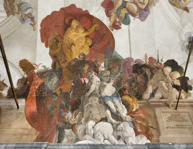 Roman judge condemning to death the Saints Apollonia, Lucy and Catherine of Alexandria, c.1696-97 (fresco) (detail of 3496243)