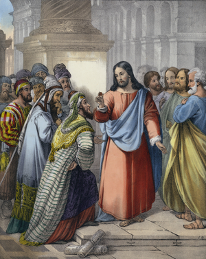 The tribute money (coloured engraving)