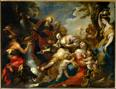 Moses drawing water from striking the rock, (oil on canvas)