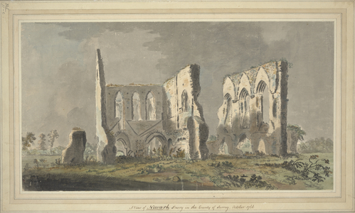 The ruins of Newark Priory; foliage in the foreground; trees in the distance; an overcast sky