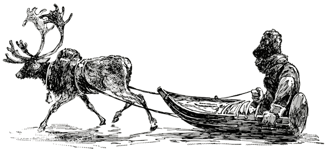 Reindeer Pulling Carriage in Lapland, 'Classical Portfolio of Primitive Carriers', by Marshall M. Kirman, World Railway Publ. Co., Illustration, 1895