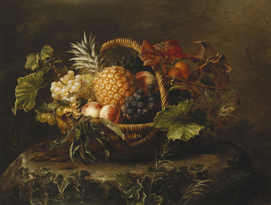 A Pineapple, Grapes, Peaches and Apricots in a Basket, (oil on canvas)