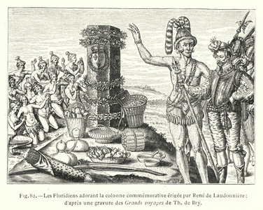 Les Floridiens adorant la colonne commemorative erigee par Rene de Laudonniere; d'apres une gravure des Grands voyages de Th de Bry (engraving)