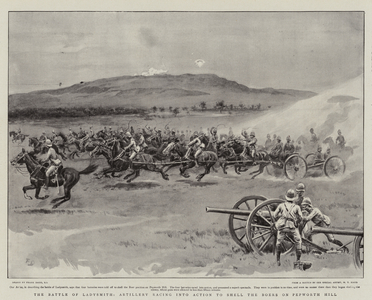The Battle of Ladysmith, Artillery racing into Action to shell the Boers on Pepworth Hill (litho)