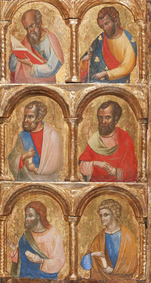 Detail of Madonna and Child with Angels, the Crucifixion, and Twelve Apostles or Saints, c.1360 (tempera on panel)