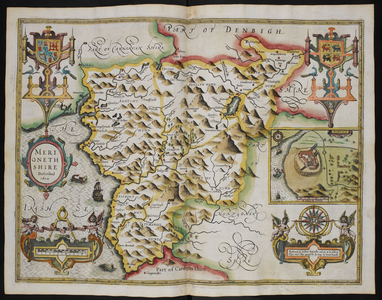 Merionethshire described 1610. A map of Merionethshire; inset, the town of Harlech