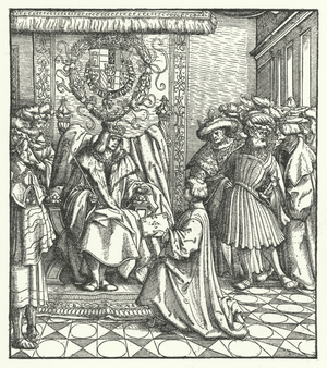 Dedication of a book to the Holy Roman Emperor Maximilian I (engraving)