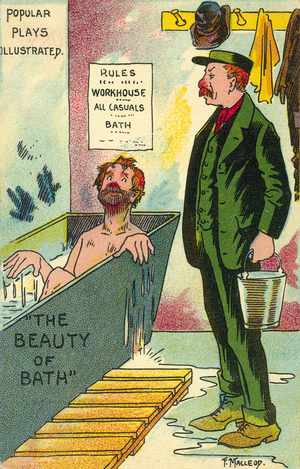 The Beauty of Bath: a man in a bath in a workhouse (chromolitho)